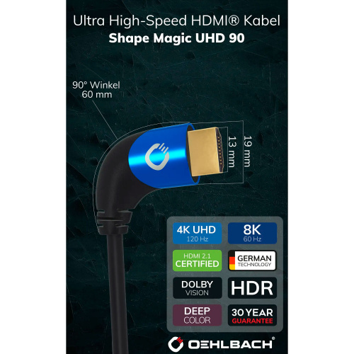 HDMI кабель Oehlbach PERFORMANCE SHAPE MAGIC UHD 90 black UHS HDMI cable 2,0m D1C42542